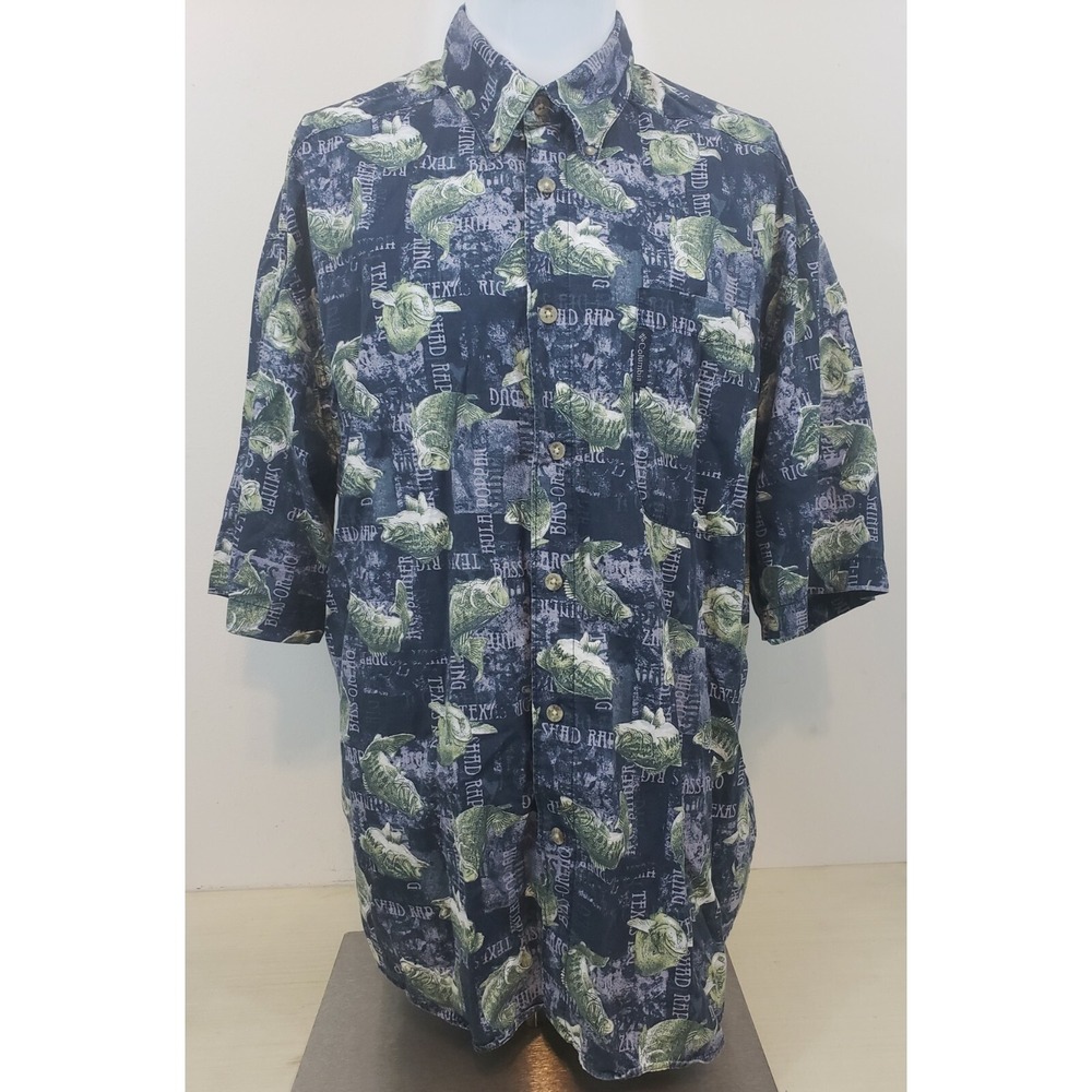 Columbia Sportswear Bass Fish Shirt Men Size Large Blue Short Sleeve Button Down